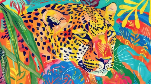 Eclectic leopard drawing  colourful lively patterns  minimalistic. Trendy animal background  print poster