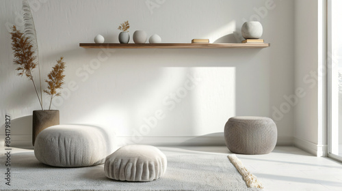 Modern poufs and shelf hanging on wall in room