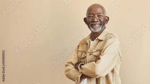 African-American senior man studio portrait, elderly black male model dressed in casual simple clothes, everyday looking, background with copy space, different people and diversity, AI generated imag