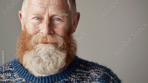 Senior red haired man portrait, Nordic type elderly aged male model with red hair and beard, studio shot, background with copy space, diversity and different people beauty concept, AI generated image photo