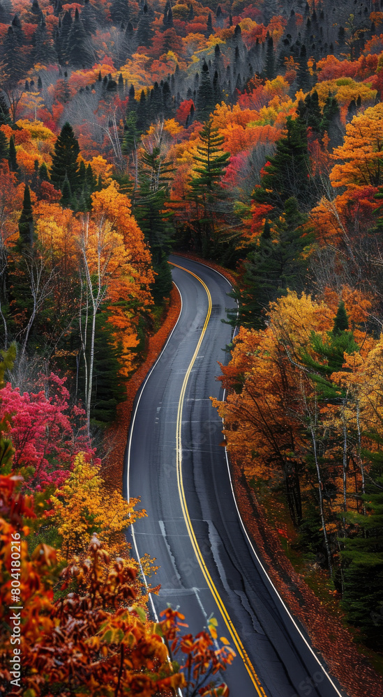 Naklejka premium The mountain road as it cuts through a forest of trees displaying vibrant autumn colors, road weaving through the landscape. Generative AI.