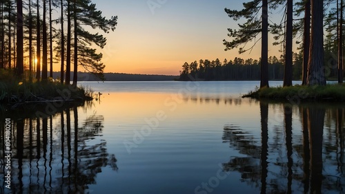 sunset over the lake Tranquil Pine Lake Reflections of Serenity