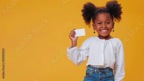 Kids learning finances, safe and invest money, financial education and awareness concept, African-American girl with kids credit card, background with copy space, AI generated image