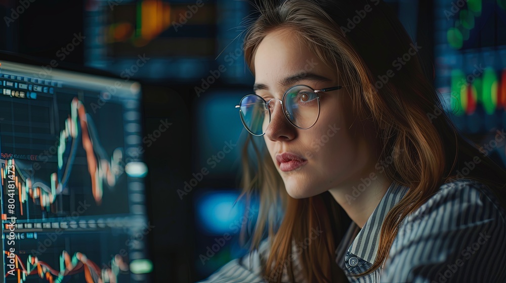 Successful Stock Trader: Confident young woman executing profitable stock trades on her computer, achieving financial success. Successful Stock Trader: Confident young woman executing profitable stock trades on her computer, achieving financial success.