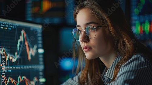 Successful Stock Trader: Confident young woman executing profitable stock trades on her computer, achieving financial success.