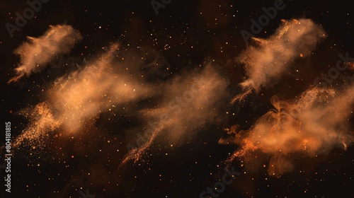 A brown dust cloud with sand and dirt particles on a black background. Texture of powder splashes and flows. Abstract smoke and dust splatters. photo