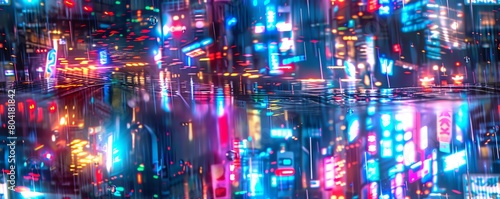 Capture the essence of a cyberpunk cityscape with nanodrones hovering at eye level, showcasing neon lights reflecting on slick, rain-soaked streets in a digital watercolor style