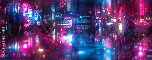 Capture the essence of a cyberpunk cityscape with nanodrones hovering at eye level, showcasing neon lights reflecting on slick, rain-soaked streets in a digital watercolor style