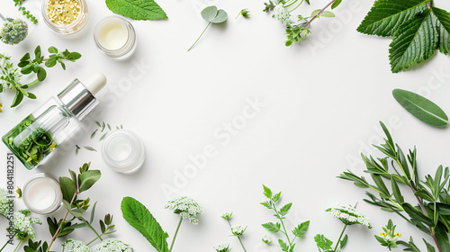 Natural cosmetics with herbal extract on white background