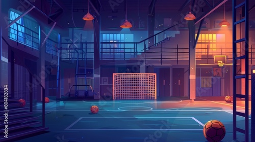 A school gymnasium with soccer gates, basketball balls in carts, wall bars, tribunes and pommel horses at night, a modern illustration in contemporary style. photo