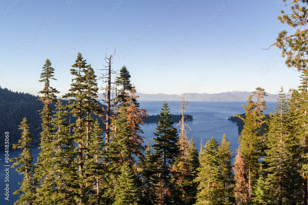 view in the valley of the famous emerald bay at Lake Tahoe at sunset
