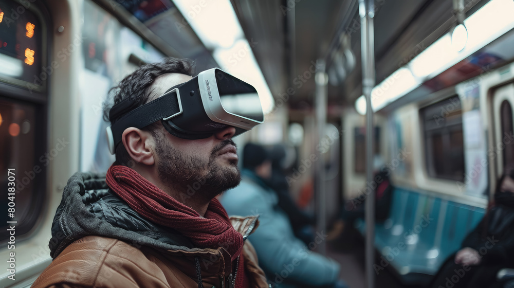 man in virtual reality glasses in a subway car, spatial computer, mask, high technology, VR, device, person, people, portrait, online, game, Internet, future, electronic, 3D, three-dimensionally, tube