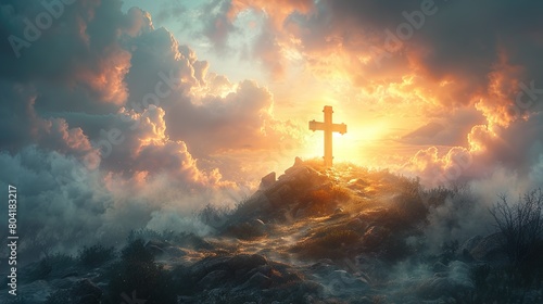 A holy cross standing on a hill, bathed in a celestial light that pierces a cloudy sky photo