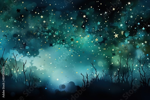 Abstract background with space in green, black and yellow tones, northern lights and stars on the night sky.