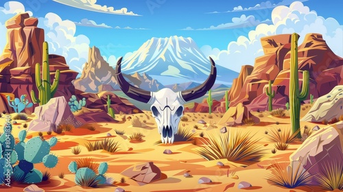 This modern cartoon illustration represents the American desert landscape with sand, cactuses, mountains, and a bull skull and bones. It depicts the desert panorama of Arizona or Mexico with the photo