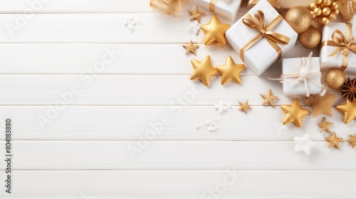 Christmas gifts, on white background. Flat lay, top view, copy space. Christmas composition.