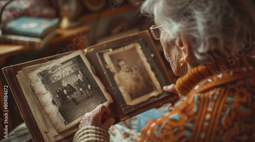 Elderly woman browsing through old photographs in a family photo album, nostalgia concept