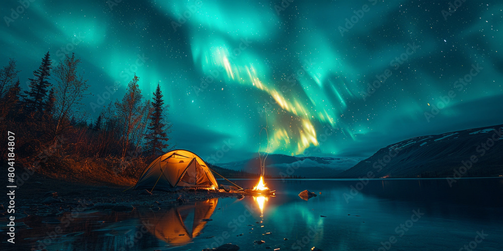 Camping tent  with starry sky background,camping in the night, tent in forest