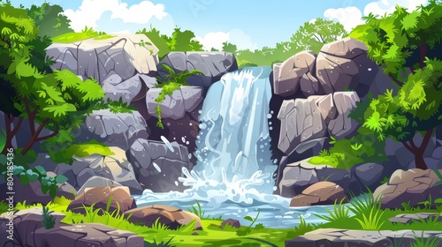 Waterfall cascades over rocks in summer landscape. River  brook or stream falls off rocks with splashes. Cartoon illustration showing water torrents over green grass.