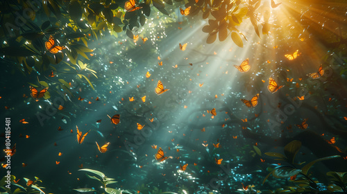 rays in the forest, butterflies fluttering photo