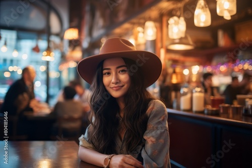 Portrait of a satisfied asian woman in her 20s wearing a rugged cowboy hat isolated in bustling city cafe