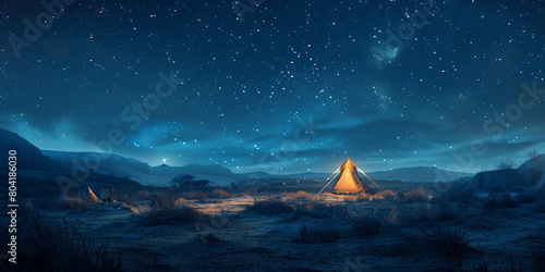 Camping tent  with starry sky background,camping in the night, tent in forest © Planetz