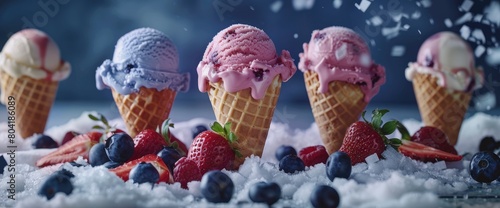 Blueberry, strawberry, and vanilla ice cream cones , professional photography and light