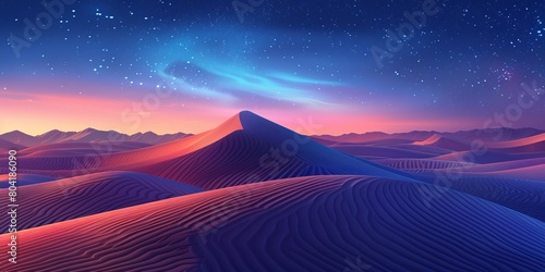Undulating Sand Dunes form a Beautiful Desert Landscape. Dawn Background with Blue Gradient Starry Sky.