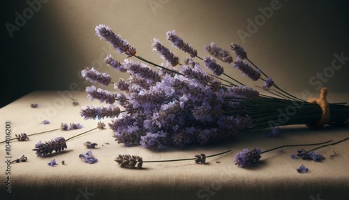 A beautiful bouquet of lavender flowers on a linen tablecloth.