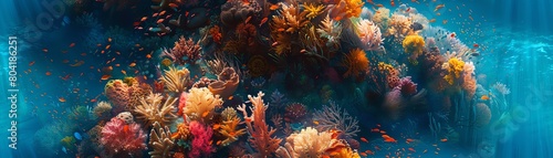 Infuse traditional oil painting techniques into a close-up portrait of a vibrant coral reef teeming with life © panyawatt