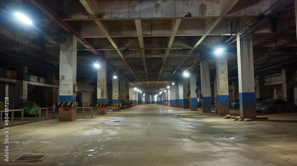 Fototapeta premium Illuminated underground parking garage with columns and empty spaces.