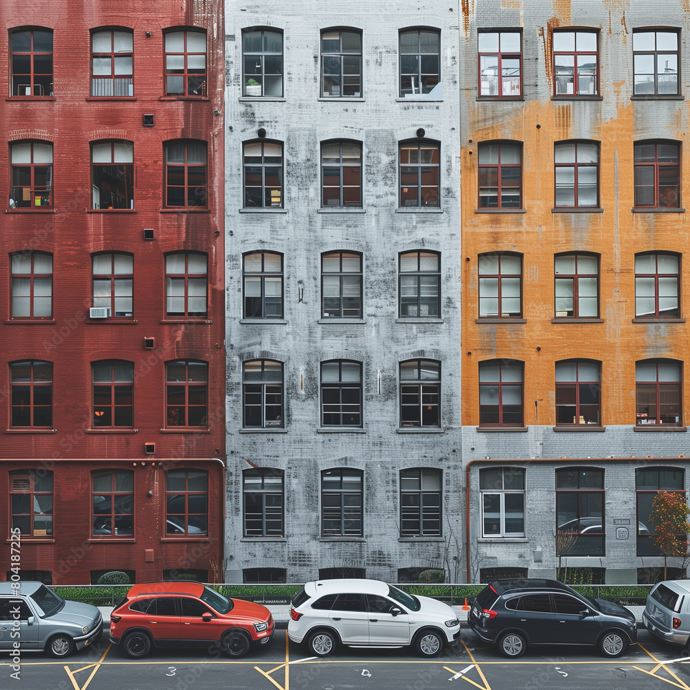 Colorful apartment facades with parked cars below.