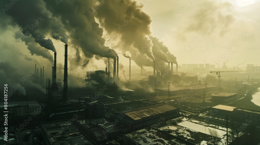 Industrial area emitting pollution into the atmosphere.