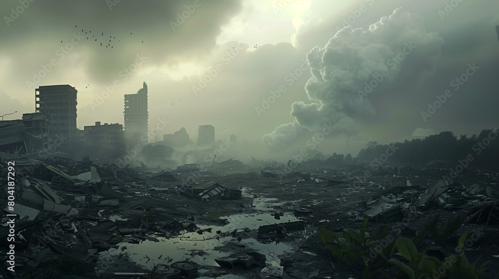 Post-apocalyptic cityscape with cloudy skies.