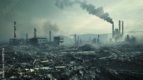 Post-apocalyptic industrial landscape, smoke rising, desolate foreground.