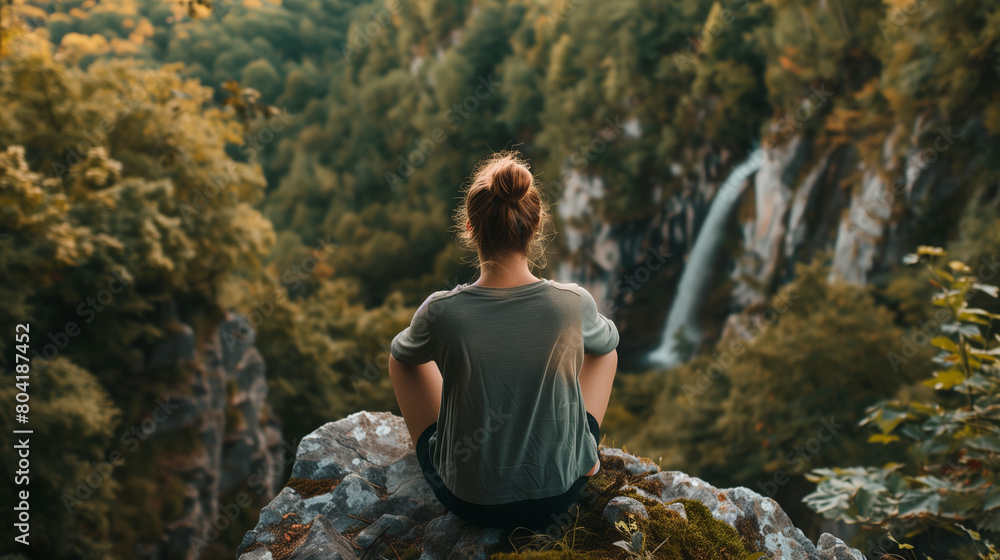 Naklejka premium Reflective young woman sitting on mountain overlook with waterfall view