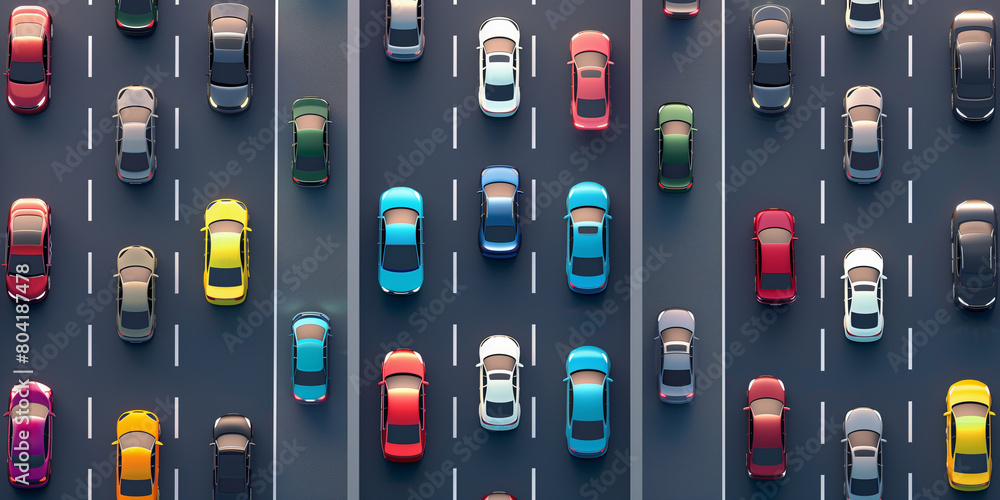 Aerial view of colorful cars on a multi-lane road.