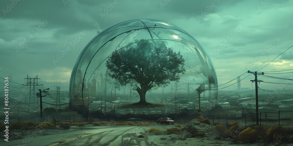 Solitary tree protected by a dome in a dystopian landscape.