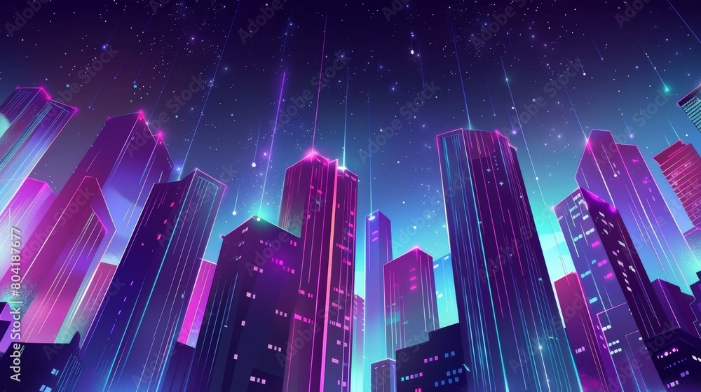 Towards the light, a view of a night scene with skyscrapers against a dark sky with stars. In the background, neon glowing high rise buildings are reflected in windows. This is a cartoon illustration