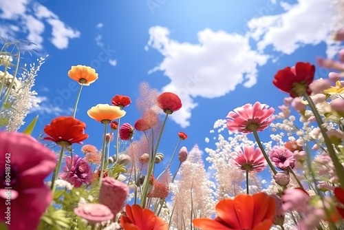 colorful spring flowers on a sunny blue sky, in the style of vray tracing, impressive panoramas photo