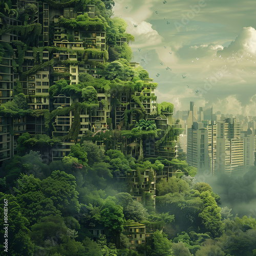 Futuristic city where nature and urban life intertwine against a hazy skyline.