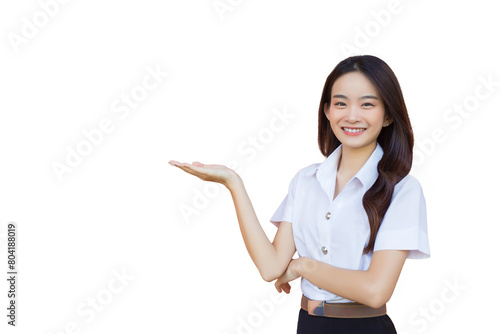 Portrait of an adult Thai student in university student uniform. Asian cute girl standing to present something confidently while isolated white background.