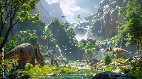 dinosaurs in the park, herbivorous dinosaurs grazing in a lush Cretaceous period valley with waterfalls and tall trees photo