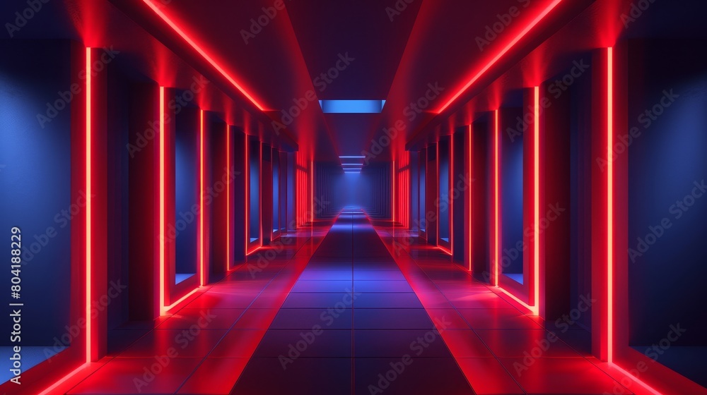 The design of the interior of the hall uses neon red illumination and rectangle columns. The room can be used as an exhibition space, museum, or night club.