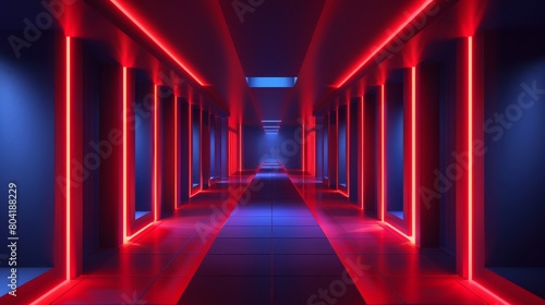 The design of the interior of the hall uses neon red illumination and rectangle columns. The room can be used as an exhibition space  museum  or night club.