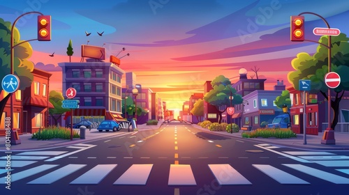 A crossroads at sunset during the evening with traffic lights, zebras, street signs, street lamps, bright evening light, architecture, road, buildings, trees, modern illustration. © Mark