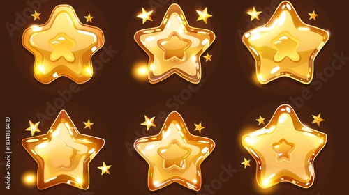 A modern cartoon set with gold stars game icons. UI design elements of load status and rating. Clear glass stars filled with golden color.