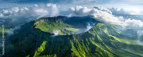 Aerial shot of Mount Aso Crater erupting, Kumamoto Prefecture, Kyushu, Japan. photo