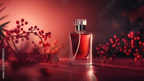 Stylish bottle with perfume against a background of corrals in soft crimson and red tones