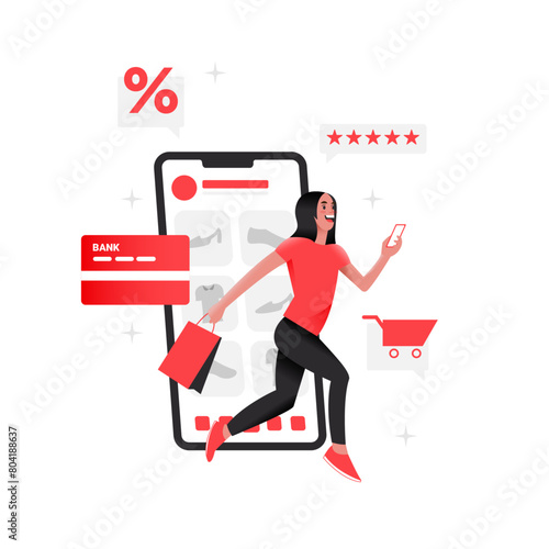 Vector of illustration flying woman bring shopping bag with ecommerce on the phone